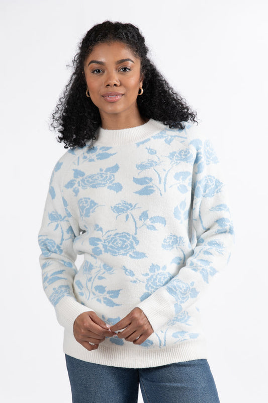 Feeling Like Love Ivory and Blue Floral Crew Neck Sweater Doorbuster