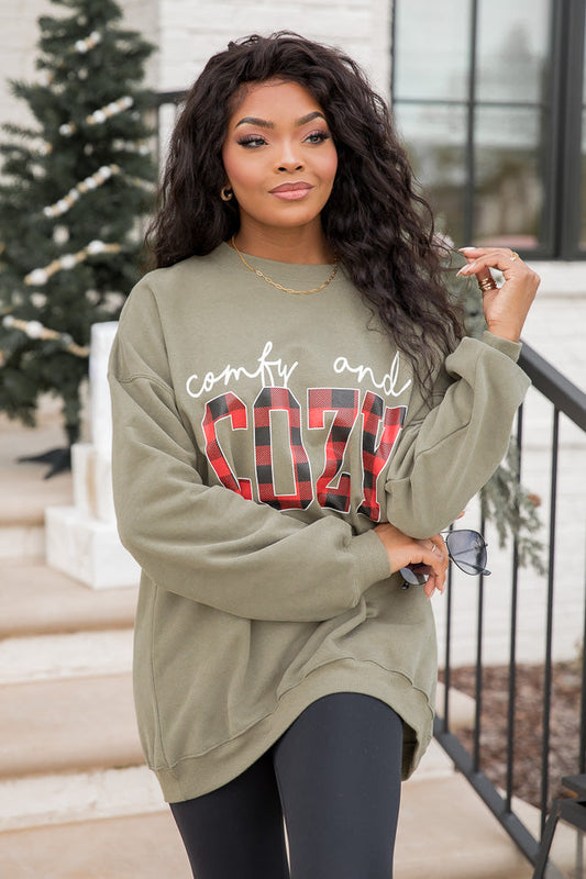 Comfy and Cozy Olive Oversized Graphic Sweatshirt Doorbuster