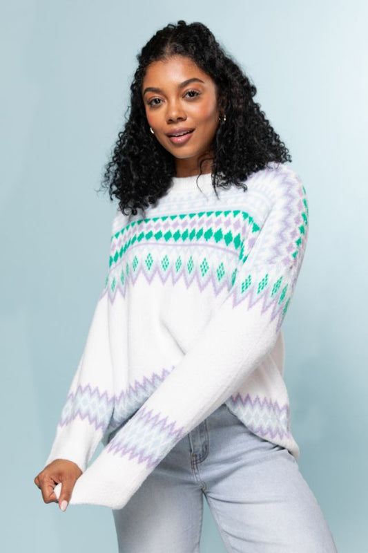 CozyTide Ivory & Green Oversized Fuzzy Fair Isle Sweater